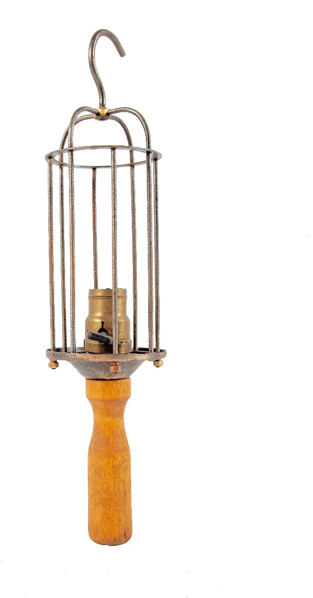 refinished fully functional antique american industrial mcgill portable trouble light with single socket and turned wood handle