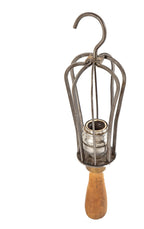 vintage oversized c. 1920's american industrial handheld turned wood handle "trouble light" with split-cage guard