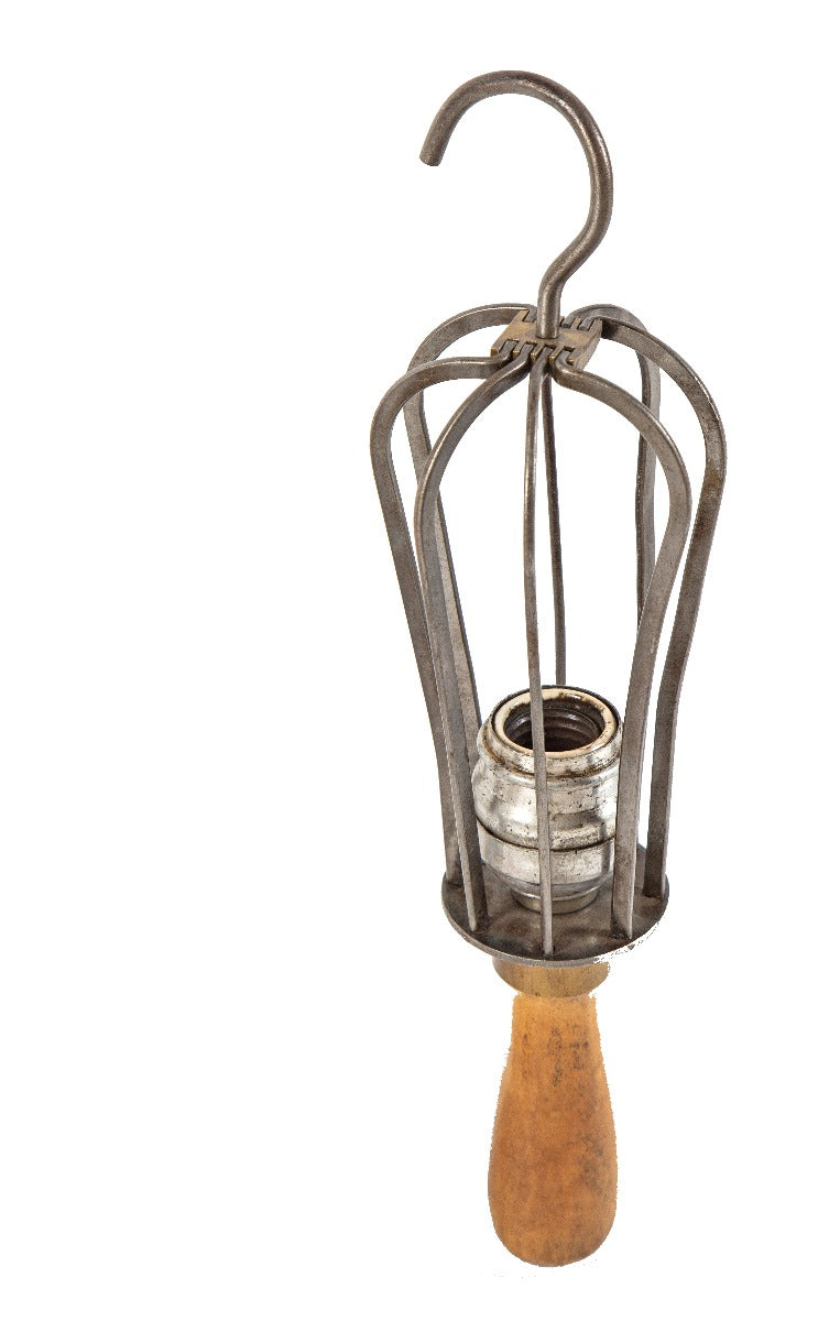 vintage oversized c. 1920's american industrial handheld turned wood handle "trouble light" with split-cage guard