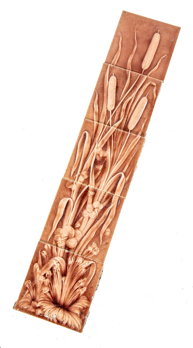 19th century antique american salvaged chicago rose red majolica glazed fireplace tile set with embossed cattails