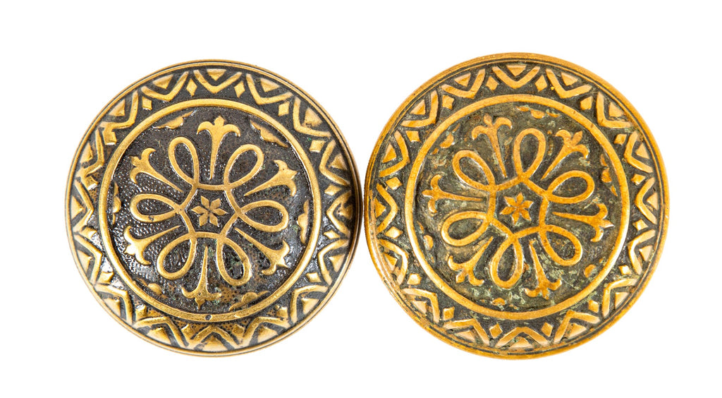 matching set of original hard to find 1880s antique american heavy ornamental cast brass yale and towne doorknobs