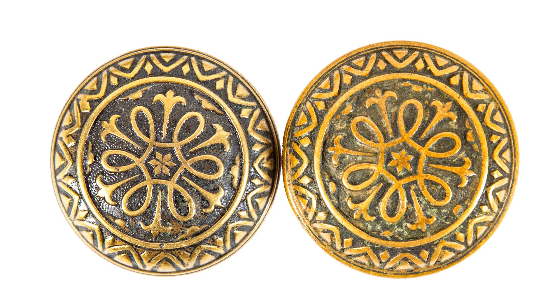 matching set of original hard to find 1880s antique american heavy ornamental cast brass yale and towne doorknobs