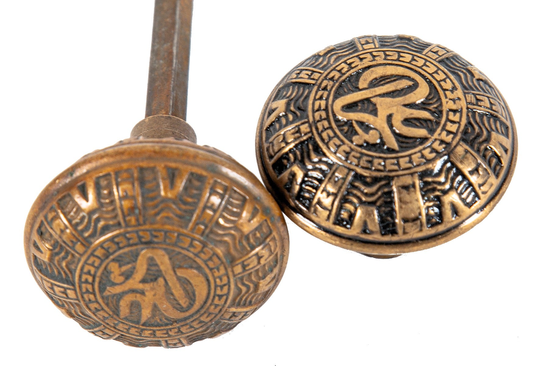 two matching original 1880s antique american mallory wheeler "arabic" pattern cast brass doorknobs