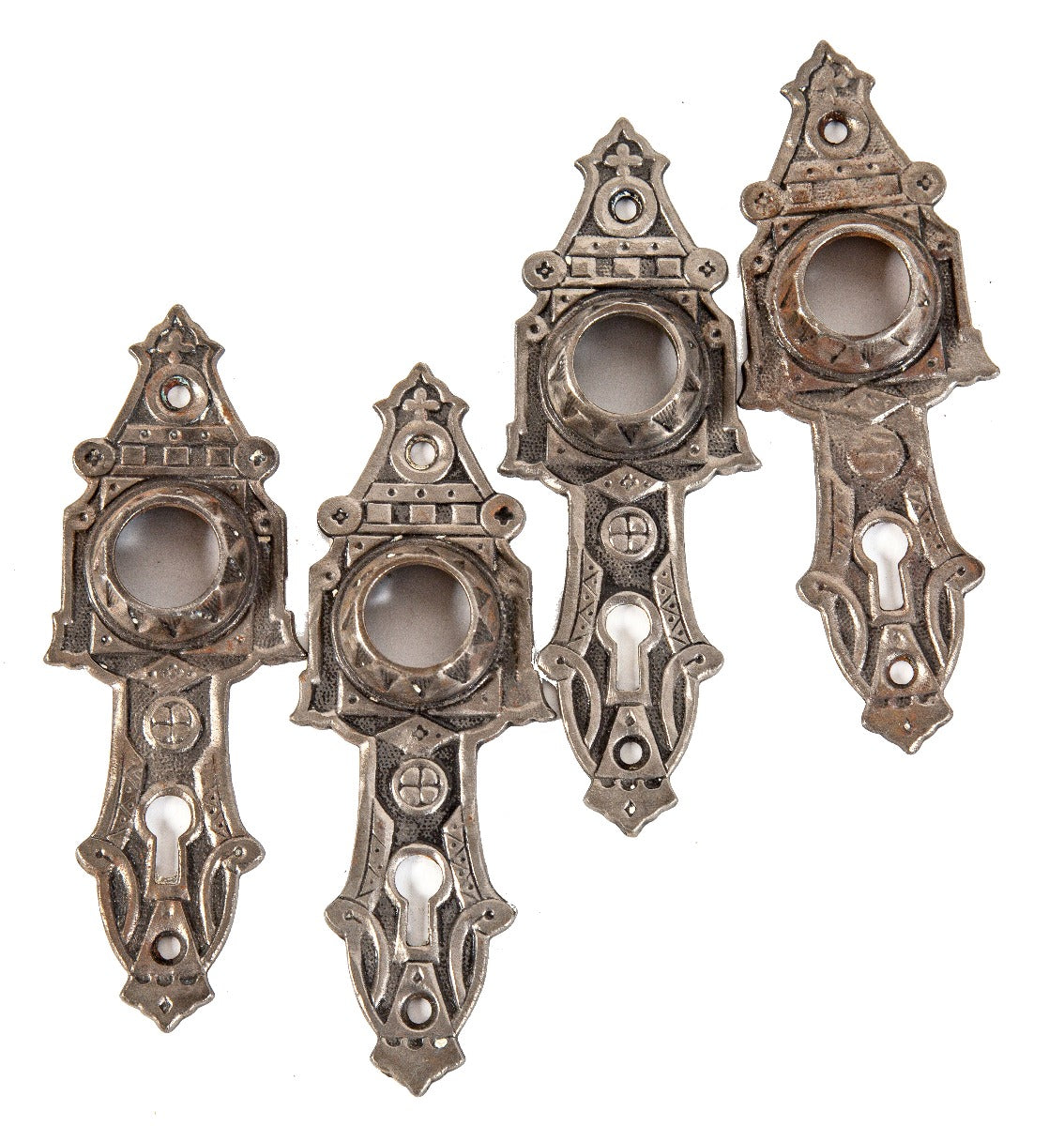 lot of matching hard to find 19th century refinished ornamental cast iron chicago hardware company doorknob backplates