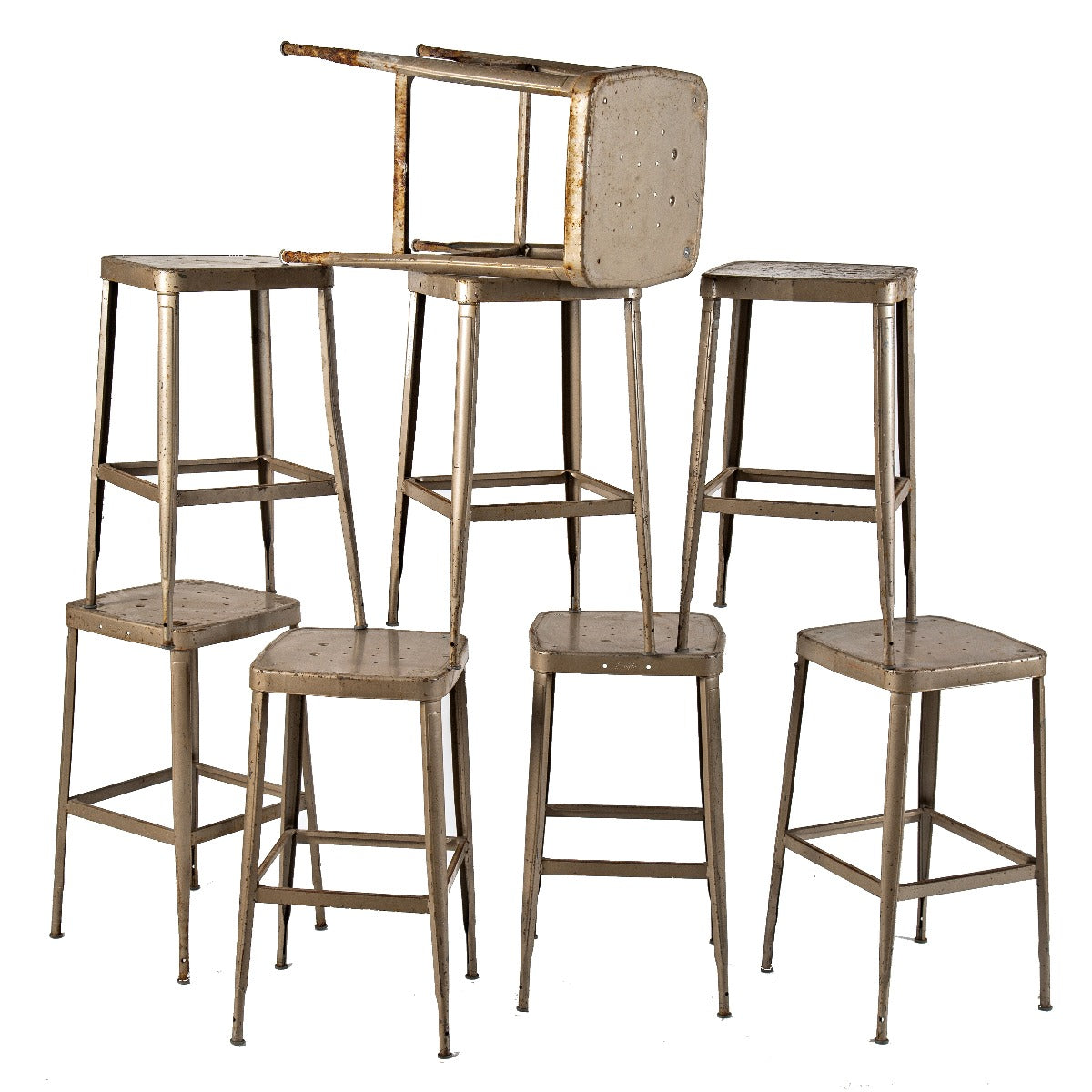hard to find large lot of matching 1950's four-legged pressed and folded steel school classroom chairs