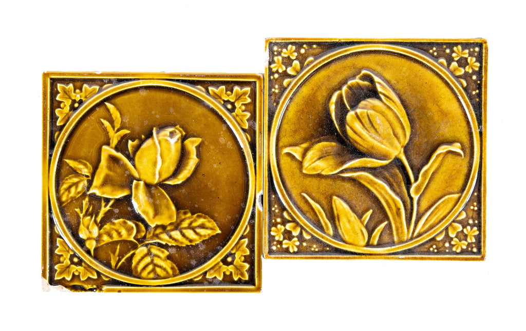 matching set of 1890s antique american victorian era salvaged 6 x 6 inch fireplace corner tiles with encircled flowers