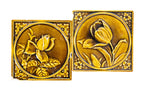 matching set of 1890s antique american victorian era salvaged 6 x 6 inch fireplace corner tiles with encircled flowers