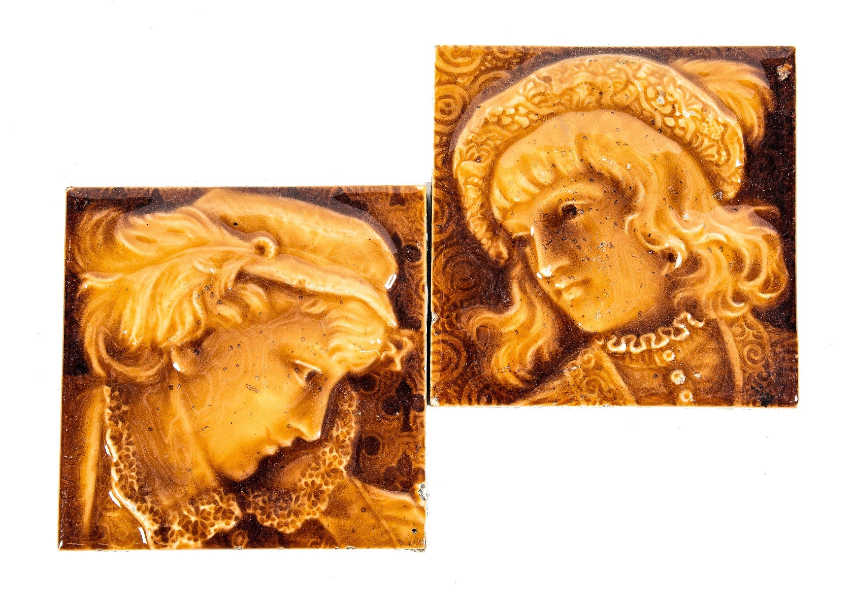 matching set of original salvaged chicago antique american encaustic burnt orange figural fireplace tiles