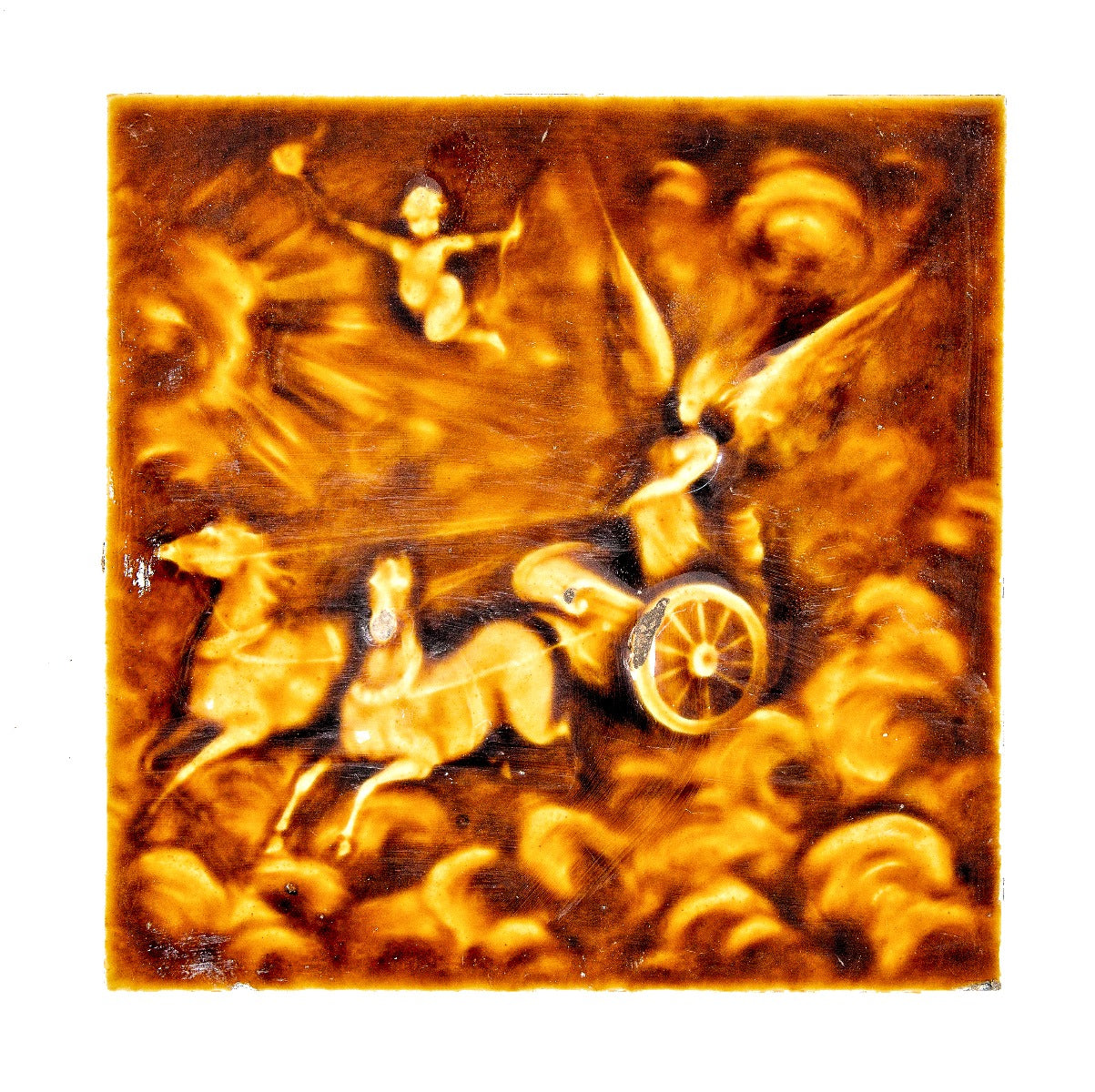 rare 19th century original american victorian-era majolica fireplace tile featuring chariot with winged woman