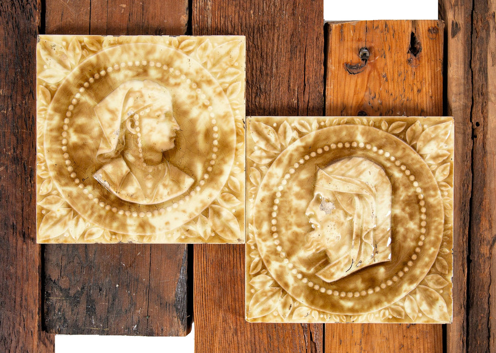 matching set of original late 19th century mottled brown salvaged chicago majolica figural fireplace tiles