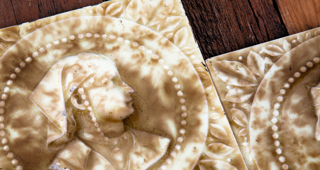 matching set of original late 19th century mottled brown salvaged chicago majolica figural fireplace tiles