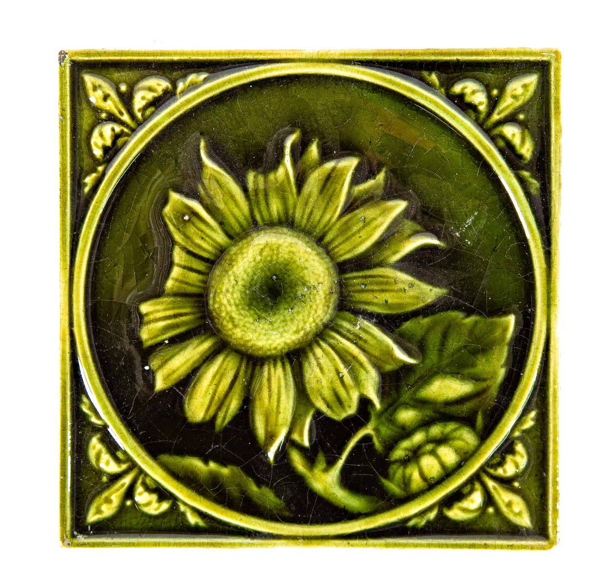 original 19th century salvaged chicago richly colored green 6 x 6 fireplace tile featuring encircled sunflower