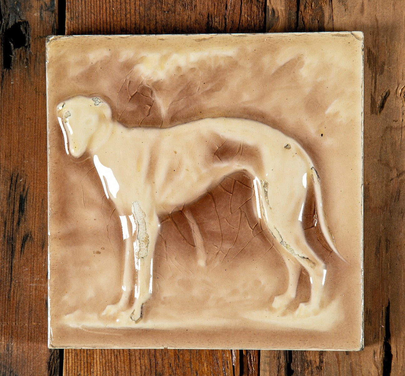 unusual 19th century antique american salvaged 6 x 6 figural fireplace corner majolica tile featuring a dog