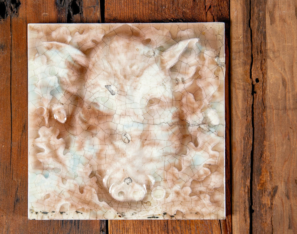 original 19th century antique american boar and wolf figural fireplace tile set with lightly mottled finish