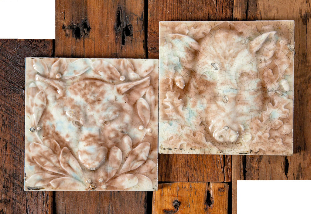 original 19th century antique american boar and wolf figural fireplace tile set with lightly mottled finish