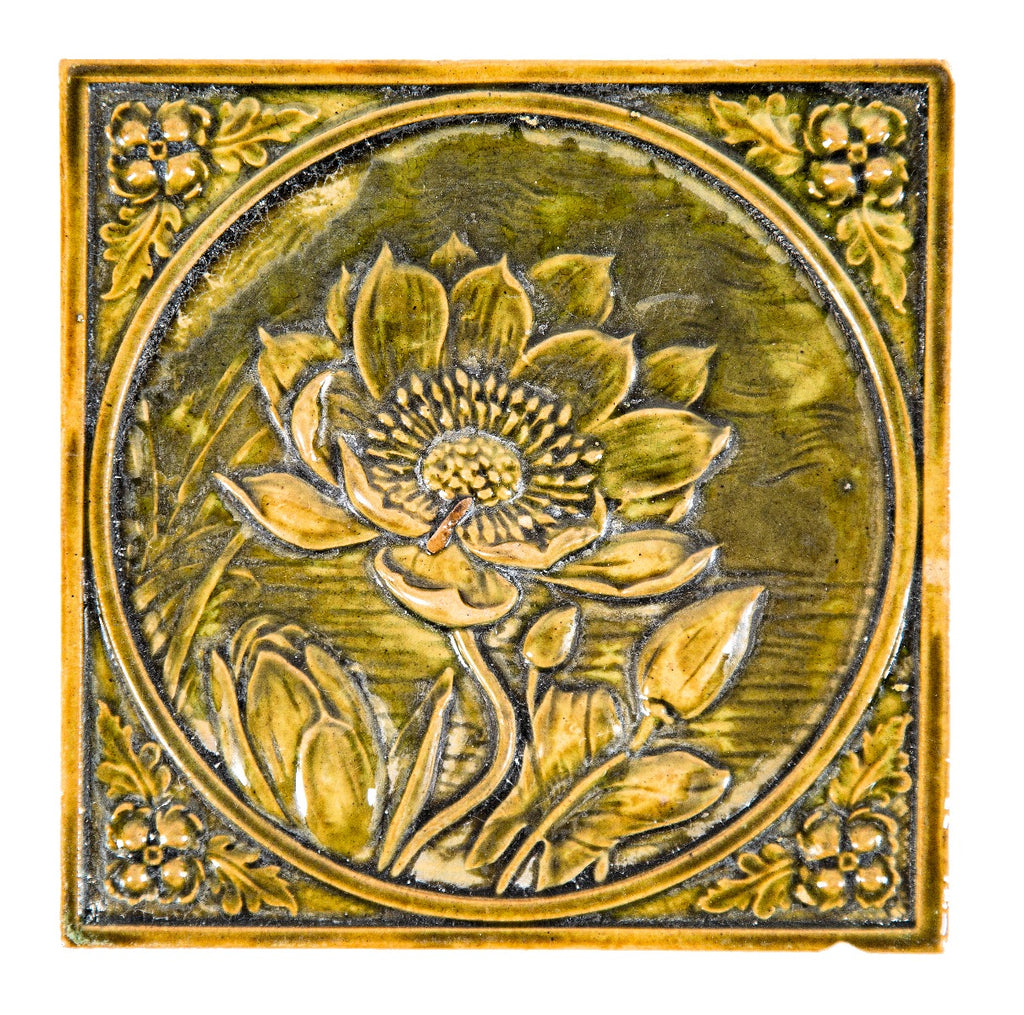 visually striking all original prairie avenue mansion majolica green glazed fireplace tile with floral ornamentation