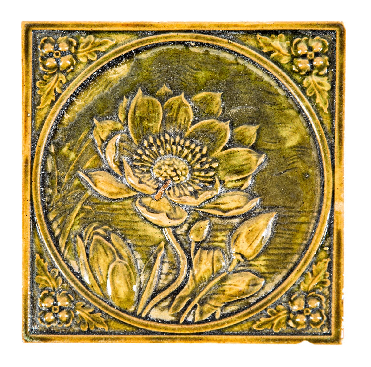 visually striking all original prairie avenue mansion majolica green glazed fireplace tile with floral ornamentation