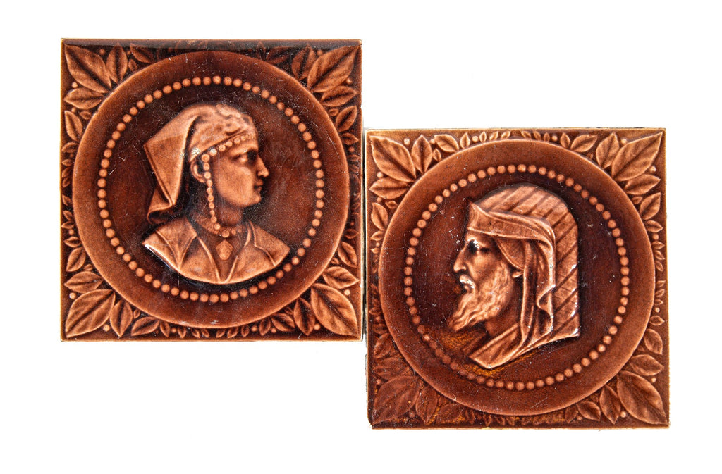 two matching 19th century burgundy-colored majolica-glazed salvaged fireplace figural tiles by kensington