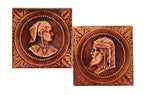 two matching 19th century burgundy-colored majolica-glazed salvaged fireplace figural tiles by kensington