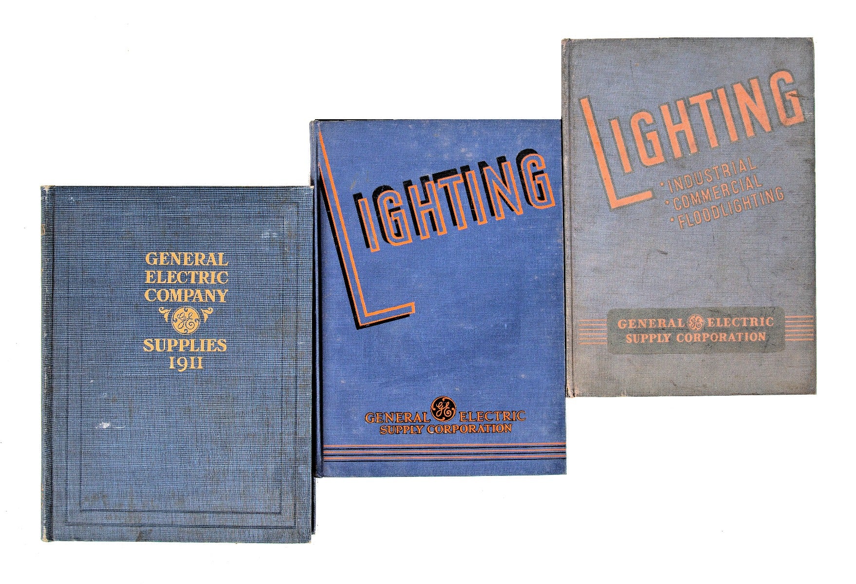 group of three hard to find early 20th century general electric hardbound lighting supply catalogs
