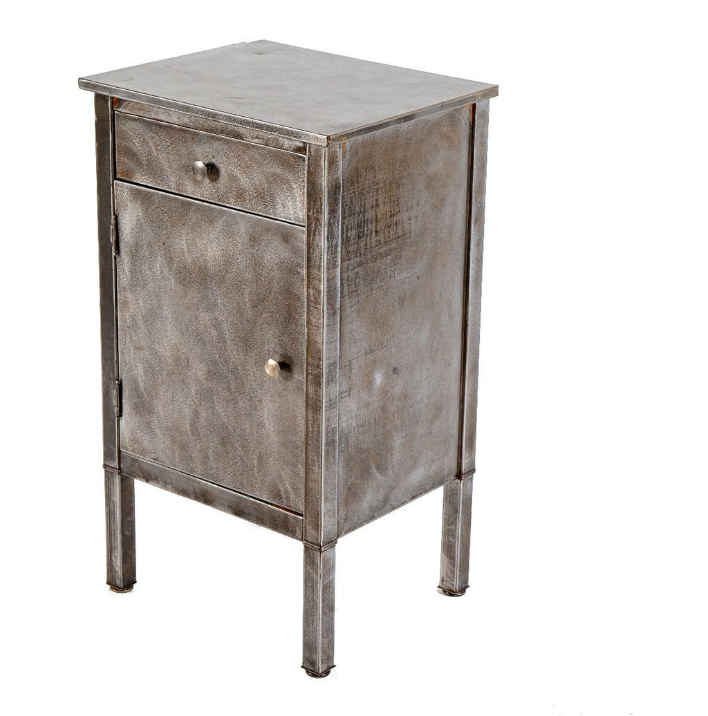 refinished early 20th century brushed metal heavy gauge steel simmons side table with single pull-out drawer