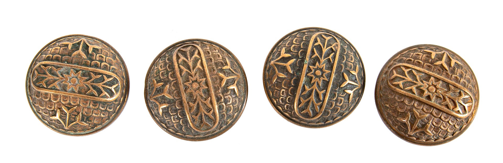 group of four matching interior residential cast bronze 1880s salvaged chicago passage size doorknobs with banded edges