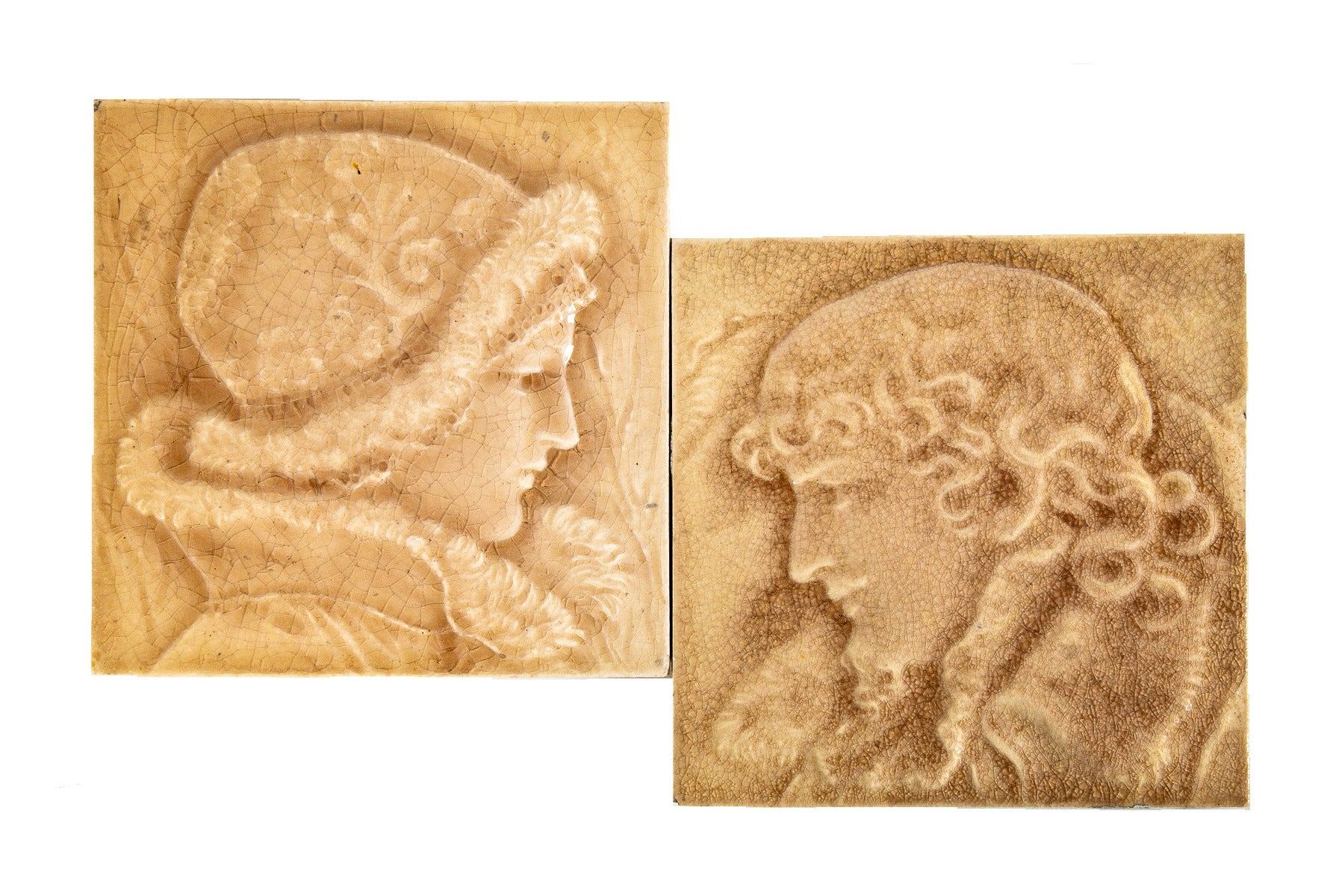 two original 19th century salvaged chicago providential tile works figural fireplace tiles with allover crazing