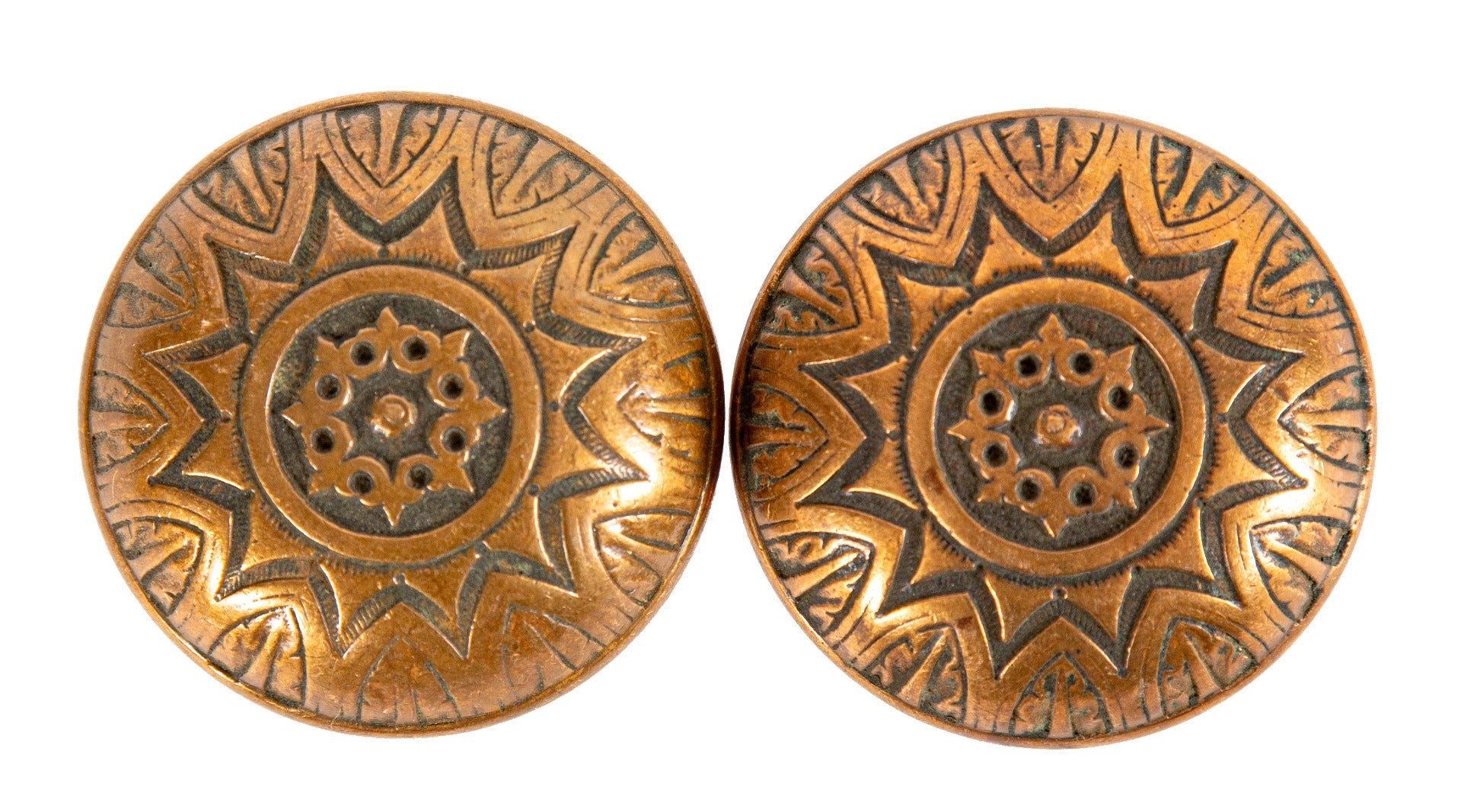 two hard to find entrance size salvaged chicago 1870's ornamental cast bronze early p.f. corbin residential doorknobs
