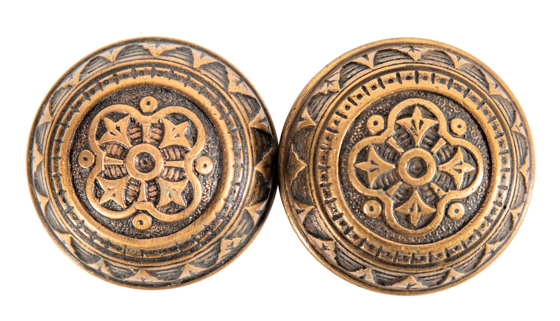 original 1880's norwalk dome-shaped ornamental cast bronze eastlake style residential doorknobs with nicely aged patina