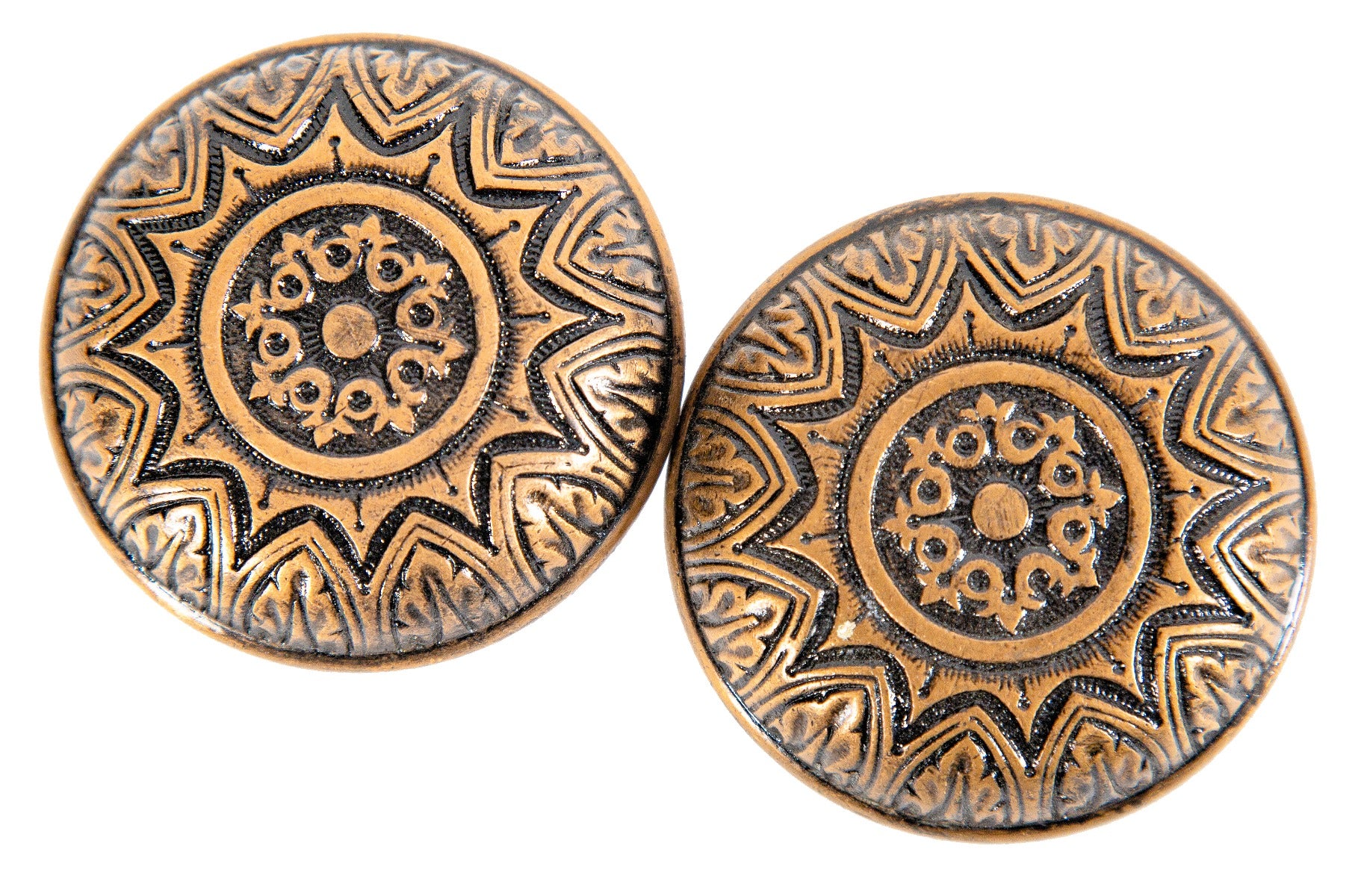 two original early 1870s richly ornamented cast bronze corbin "sunburst" pattern salvaged chicago doorknobs