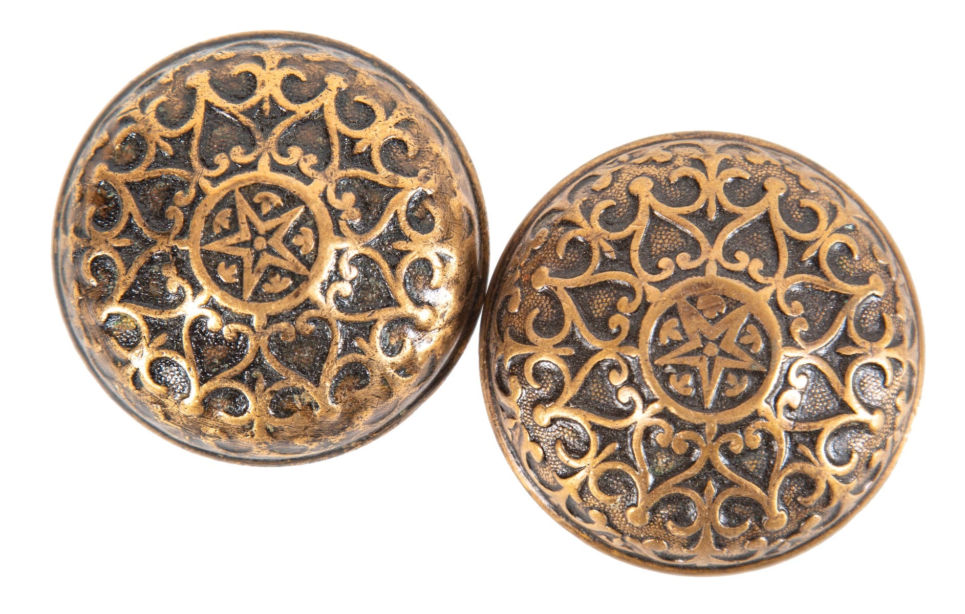 matching set of 1870s ornamental cast bronze patented mallory wheeler doorknobs with centrally located stars