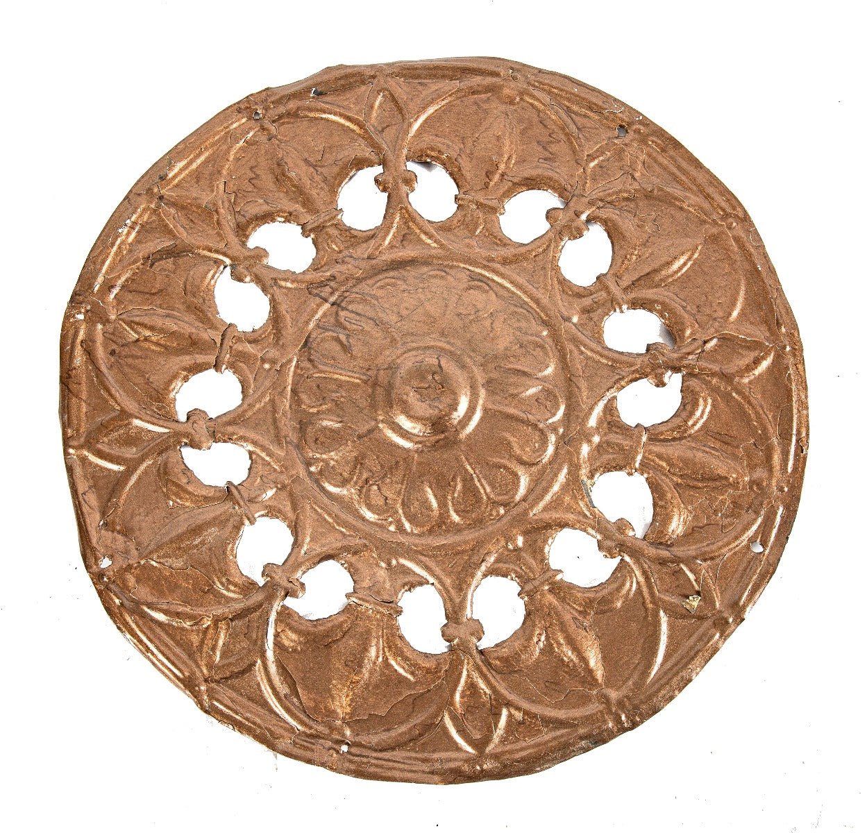 original early 20th century antique american ornamental stamped single-sided circular-shaped tin ceiling grille or grate removed from the bjorgvin singing society hall