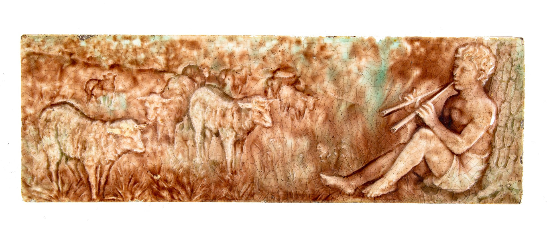 single all original 19th century antique american victorian-era trent majolica oversized 18 x 6 inch pastoral or scenic fireplace tile