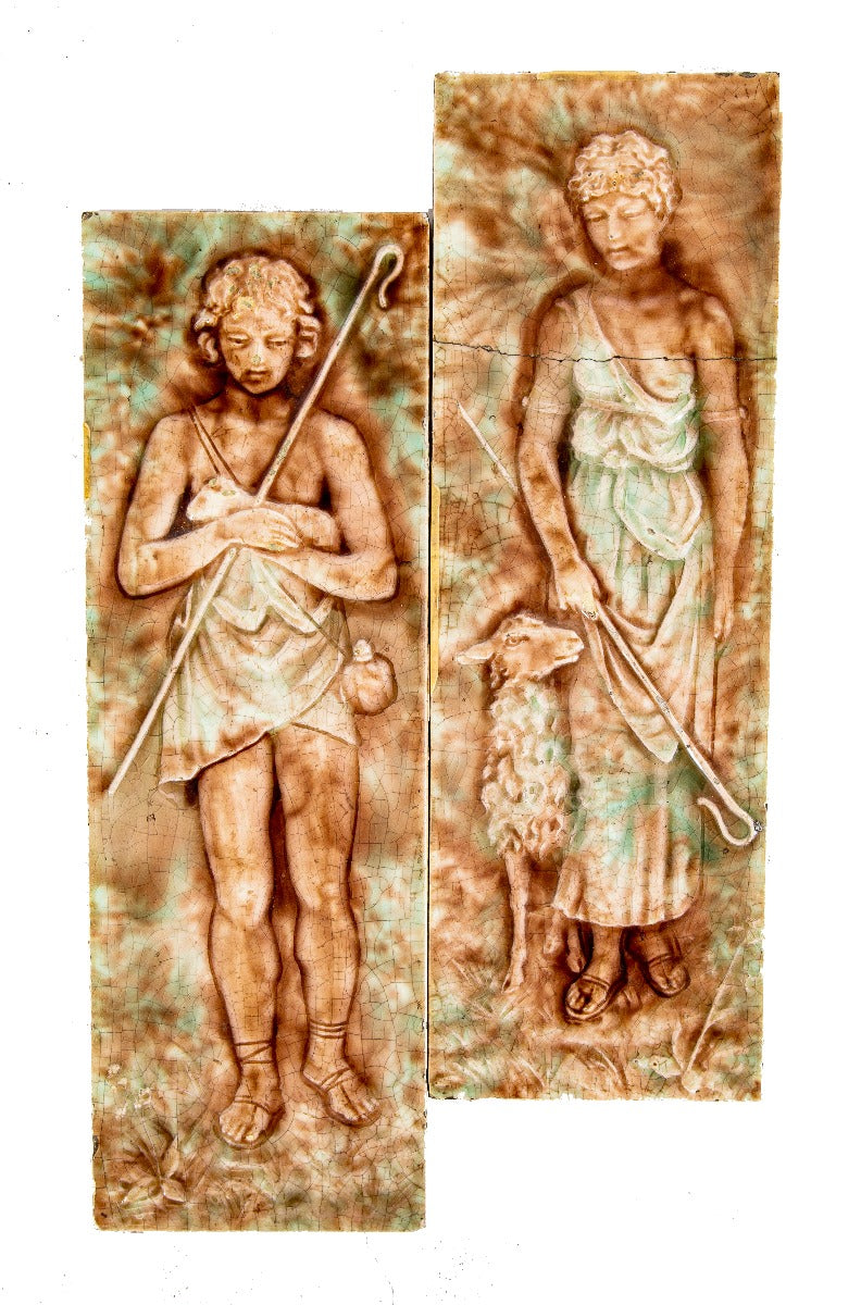 seldom found oversized antique american victorian-era 18 x 6 inch full-figured fireplace majolica tiles