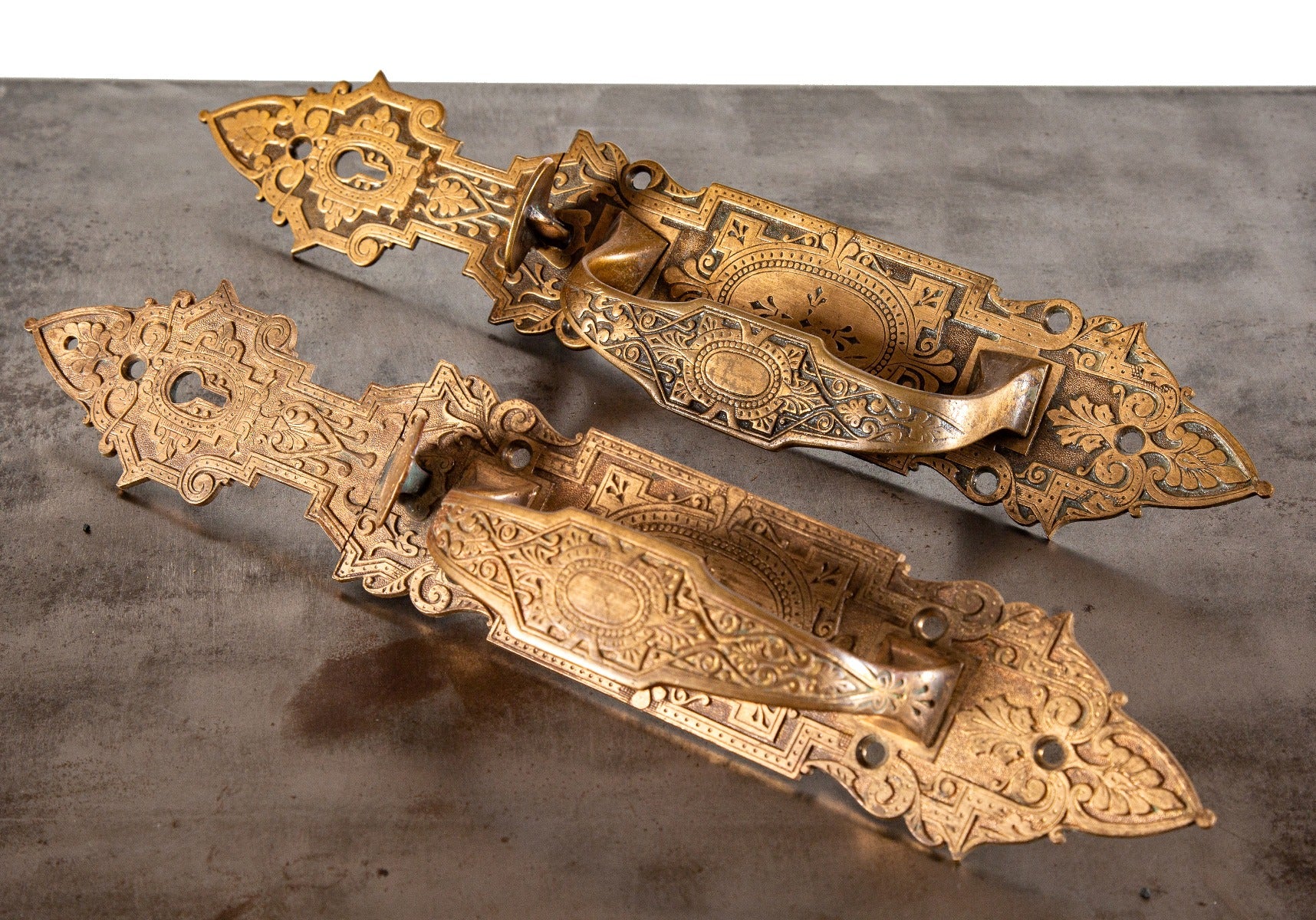 matching oversized cast bronze 1870s american victorian-era commercial store door thumblatch handles