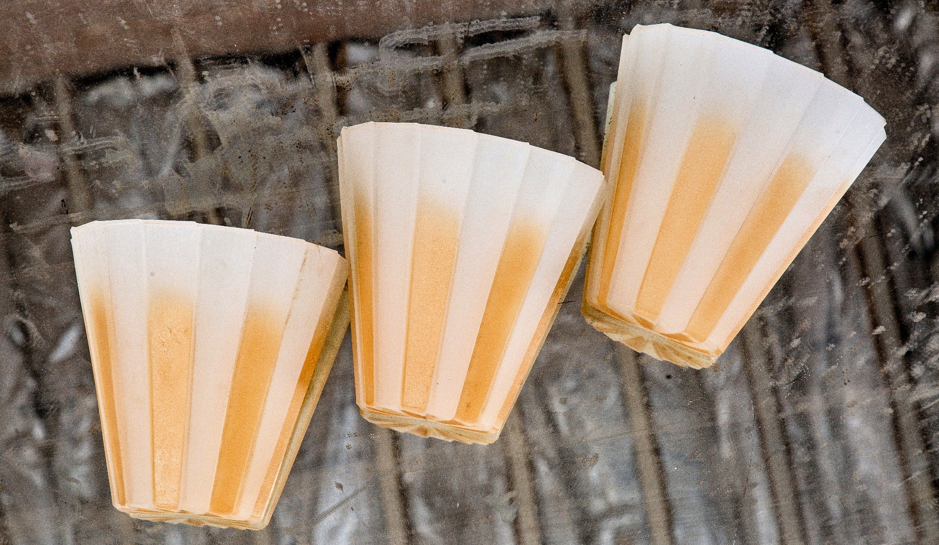 one of three highly sought after r. williamson patented two-tone baked enameled glass art deco slip shade