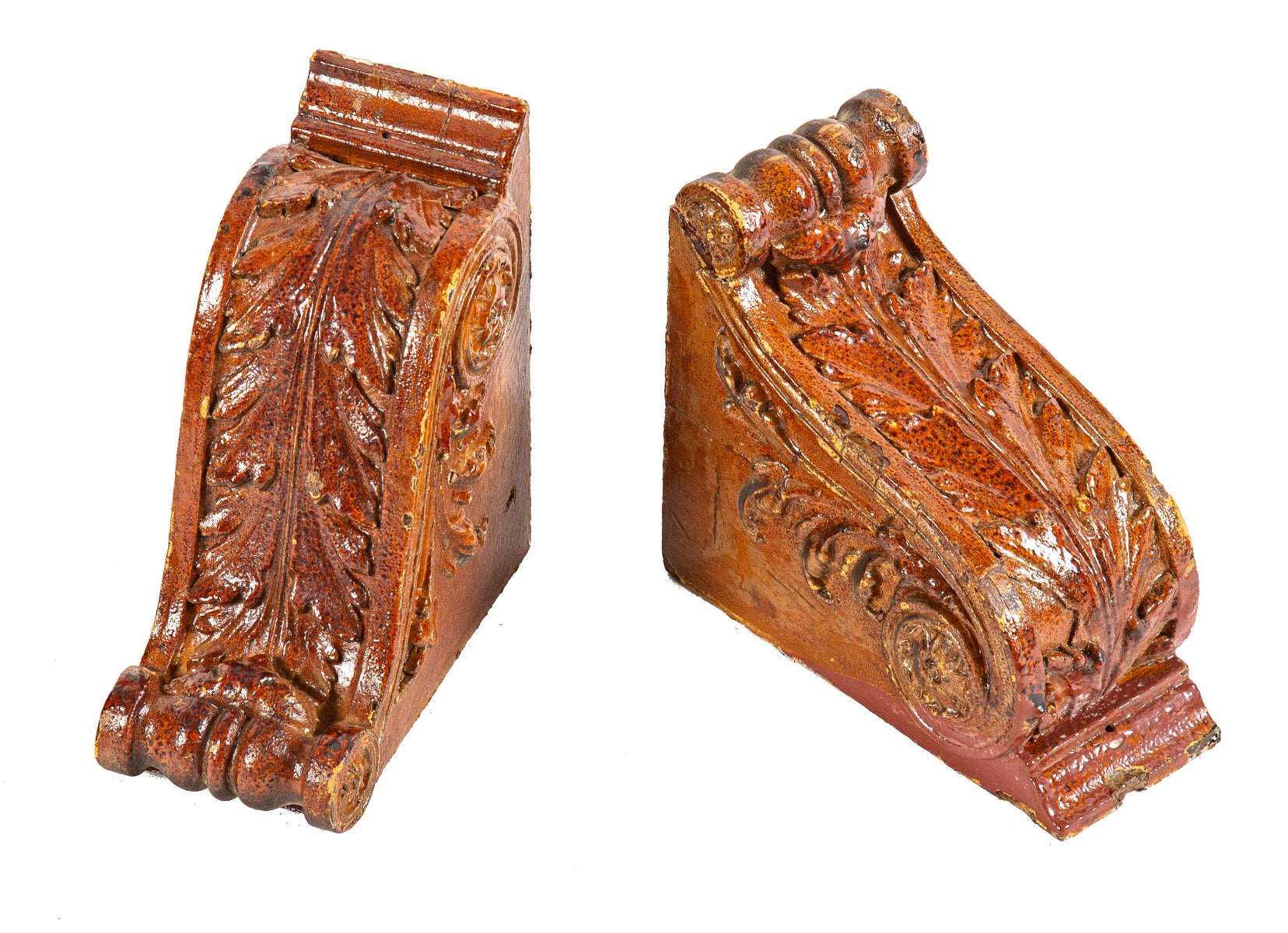 matching set of original diminutive 19th century ornamental crazed oak wood corbels or brackets executed by decorators' supply company
