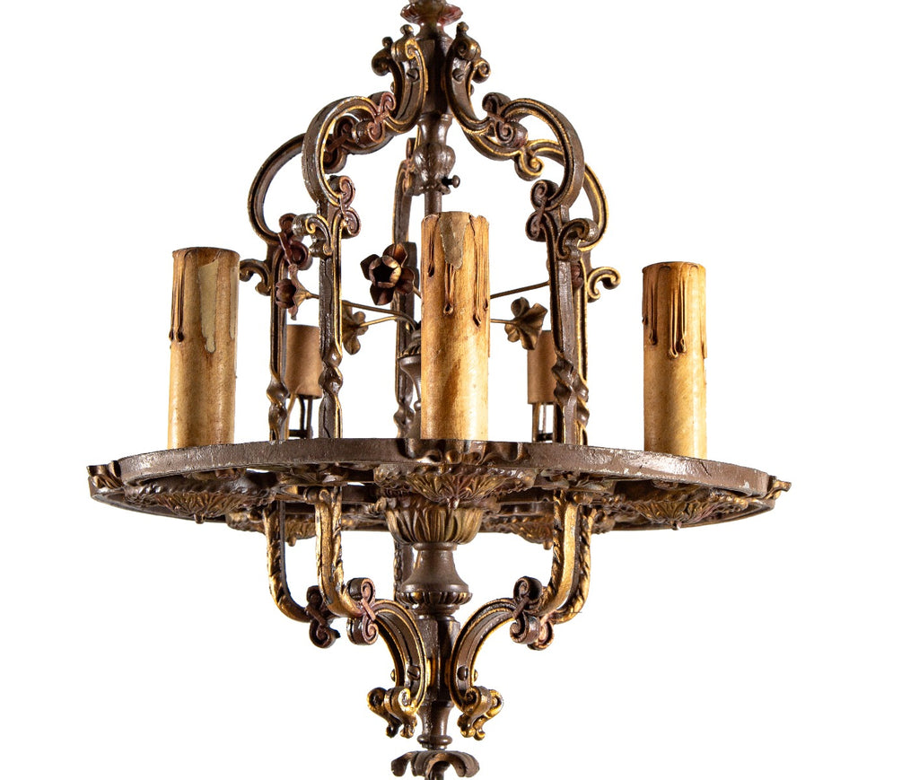 original early 20th century or depression-era antique american ornamental cast aluminum electric candle bungalow dining room ceiling fixture with polychromed finish