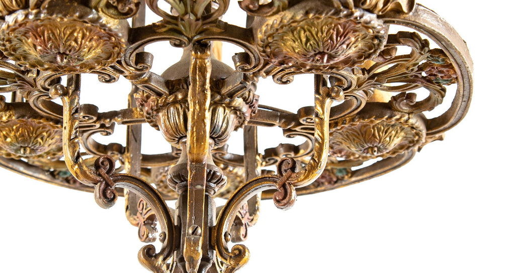 original early 20th century or depression-era antique american ornamental cast aluminum electric candle bungalow dining room ceiling fixture with polychromed finish