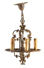 original early 20th century or depression-era antique american ornamental cast aluminum electric candle bungalow dining room ceiling fixture with polychromed finish