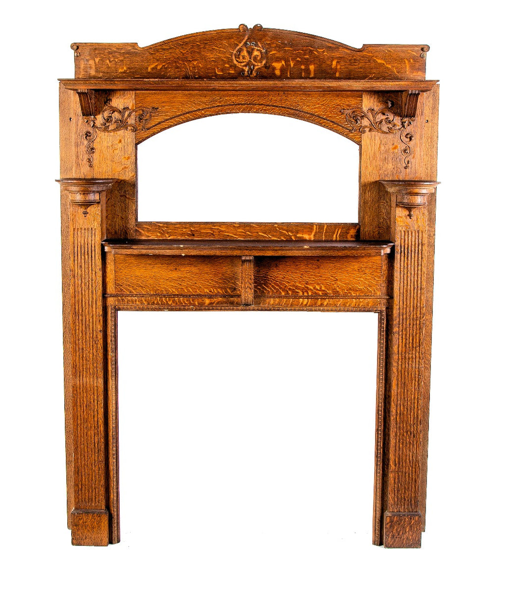 meticulously refinished exceptional salvaged chicago quartered oak wood fireplace mantel with intricate carvings