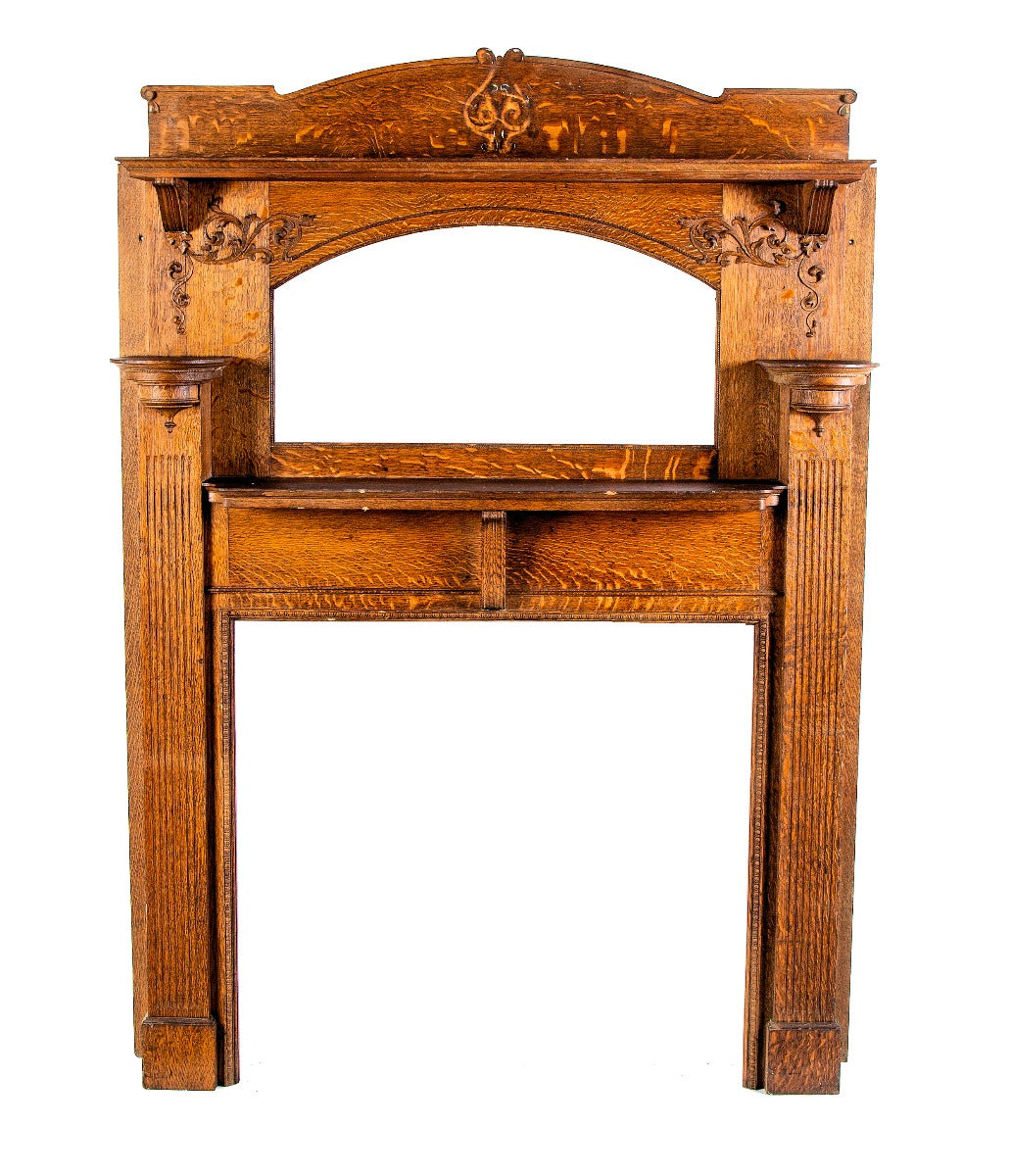 meticulously refinished exceptional salvaged chicago quartered oak wood fireplace mantel with intricate carvings