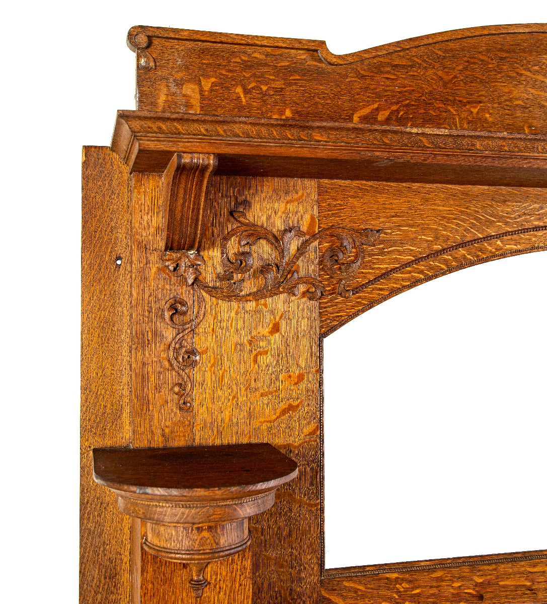 meticulously refinished exceptional salvaged chicago quartered oak wood fireplace mantel with intricate carvings