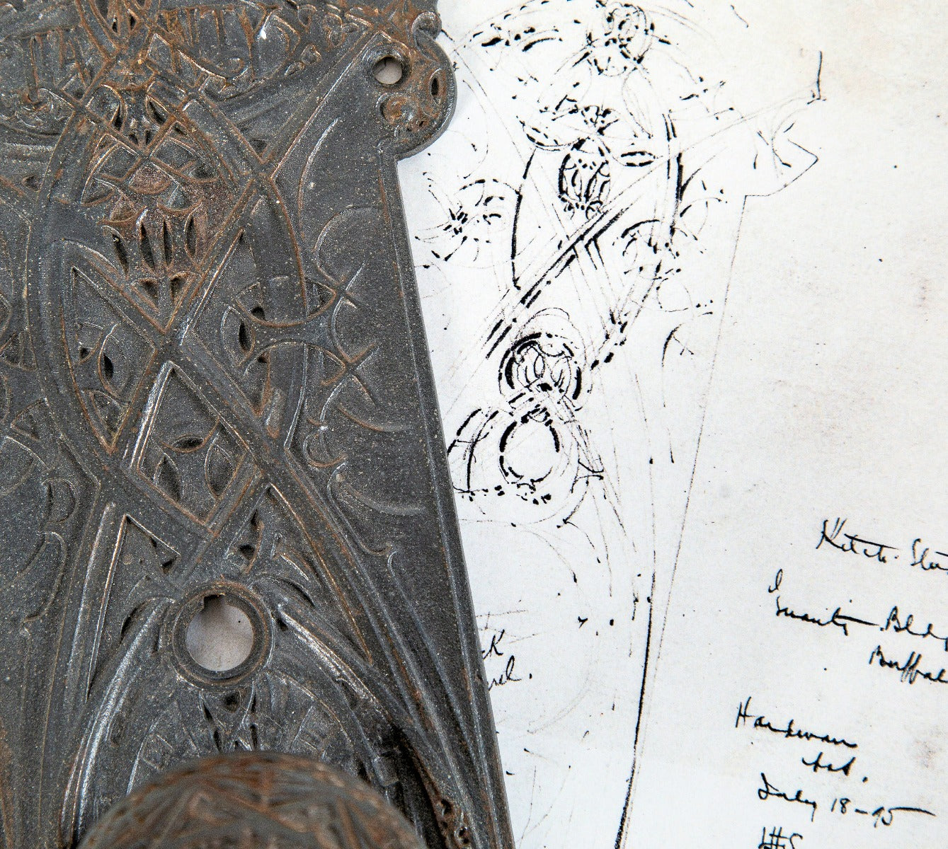 museum quality 1896 original louis h. sullivan-designed guaranty building office door hardware with intact bower-barff finish