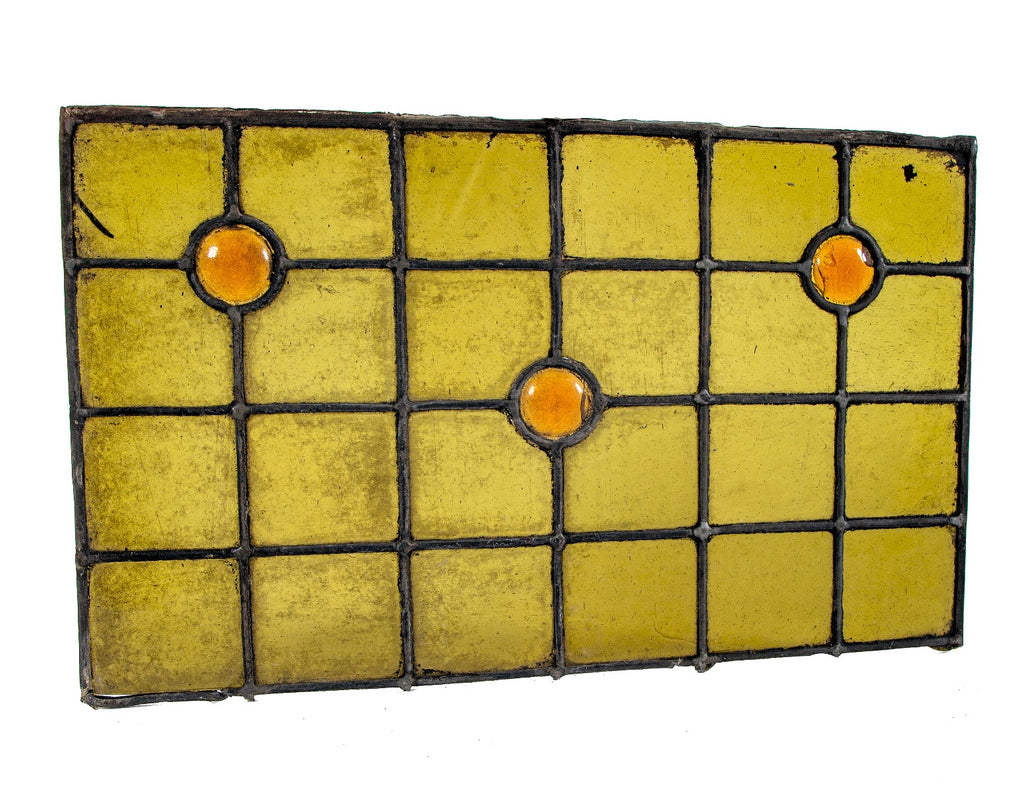 diminutive 1880's salvaged chicago richly colored residential stained glass window accentuated with amber rondels