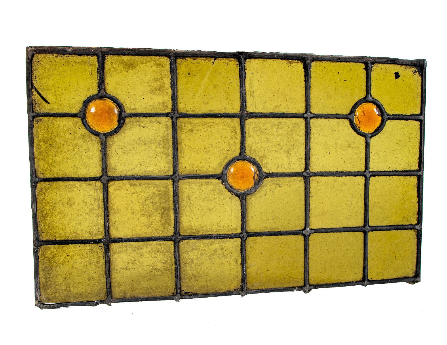 diminutive 1880's salvaged chicago richly colored residential stained glass window accentuated with amber rondels