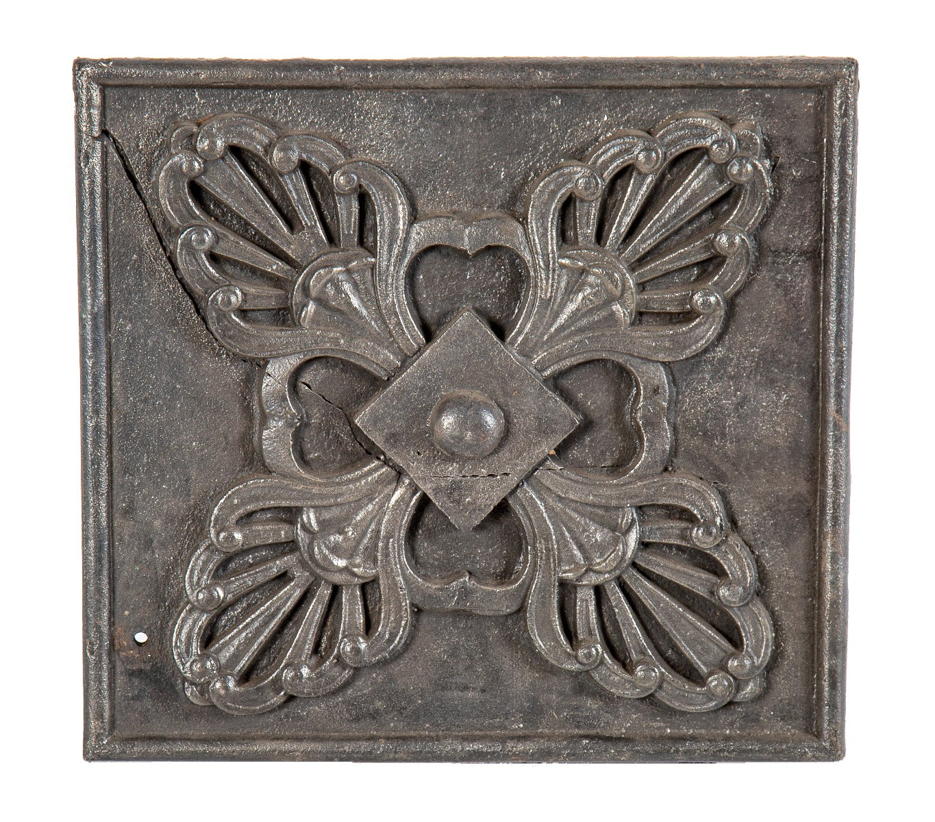 1880s hard to find victorian era american salvaged ornamental cast iron exterior chicago building facade endcap with a four-fold palmette design motif surrounding a centrally located diamond