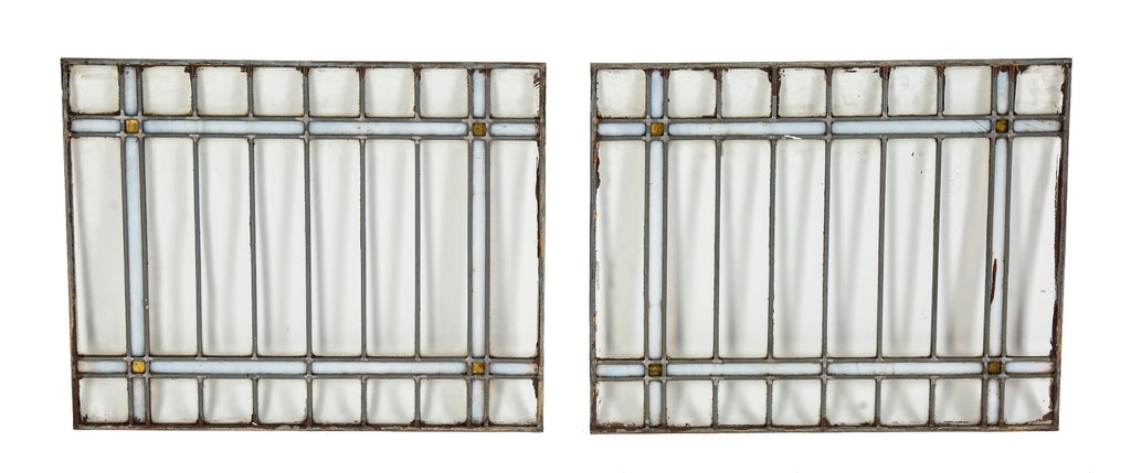 two matching highly desirable strongly geometric chicago salvaged bungalow gridded pattern leaded glass transom windows
