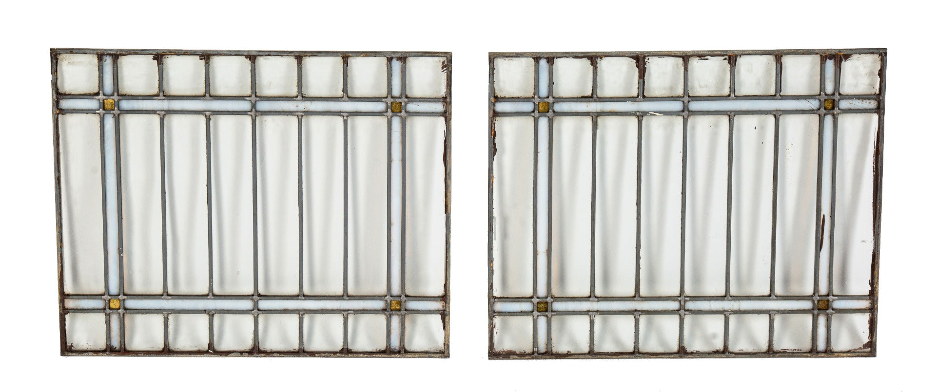 two matching highly desirable strongly geometric chicago salvaged bungalow gridded pattern leaded glass transom windows