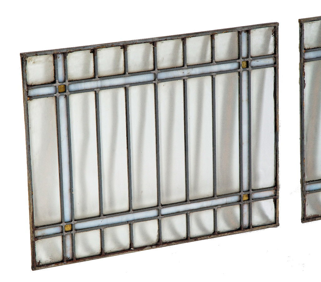 two matching highly desirable strongly geometric chicago salvaged bungalow gridded pattern leaded glass transom windows